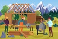 Building wooden house with mountain at background cartoon flat vector illustration concept