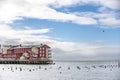 Building on a wooden jetty in Astoria at the mouth of the Columbia River Royalty Free Stock Photo