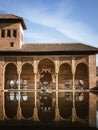 Buildings of the Alhambra Palaces in the El Partal part, reflection in the water pool, palm trees Royalty Free Stock Photo