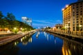 Buildings along the Providence River at night, in downtown Providence, Rhode Island. Royalty Free Stock Photo