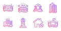 Buildings, Arena stadium and Skyscraper buildings icons set. Loan house, Court building and Sports arena signs. Vector