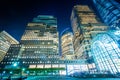 Buildings in Battery Park City at night, in Lower Manhattan, New