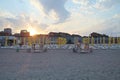 Buildings and beach at sunset in Constanta.