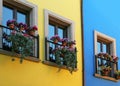 Buildings with beautiful windows, balconies and potted flowers Royalty Free Stock Photo