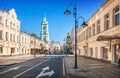 Buildings and bell tower of the Church of John the Baptist on Pyatnitskaya Street in Moscow Royalty Free Stock Photo