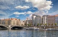 Buildings and bridge on Vltava riverside in Prague