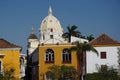 Buildings in Cartagena with the belltower of the Curch of St. Peter Claver, Iglesia de San Pedro Claver in the background,