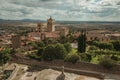 Buildings with church steeples and courtyard seen from the Castle of Trujillo Royalty Free Stock Photo