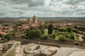 Buildings with church steeples and courtyard seen from the Castle of Trujillo Royalty Free Stock Photo