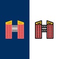 Buildings, City, Construction  Icons. Flat and Line Filled Icon Set Vector Blue Background Royalty Free Stock Photo