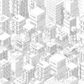 Buildings city seamless pattern. Isometric top view. Vector town city street outline with shadows. Gray lines contour style