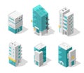 Buildings city set. Isometric top view. Separate vector town houses. Shop street cafe, offices and bank, residential buildings are Royalty Free Stock Photo