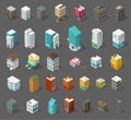 Buildings city set. Isometric top view. Separate vector town houses. Shop street cafe, offices and bank, residential