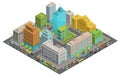 Buildings city streets quarter roads and traffic isometric 3d vector illustration City landscape, top view. Royalty Free Stock Photo