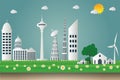 Buildings cityscape ecology,Wind turbines with trees and sun clean energy eco-friendly concept ideas. illustration