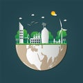 Buildings cityscape ecology,Wind turbines with trees and sun clean energy eco-friendly concept ideas.vector illustration