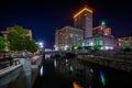 Buildings in downtown along the Providence River at night, in Pr