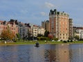 Buildings in eclectic art nouveau style on the embankment of Ixelles lakes and Sainte-Croix church