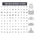 Buildings editable line icons, 100 vector set, collection. Buildings black outline illustrations, signs, symbols Royalty Free Stock Photo