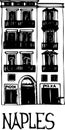 Buildings facade front view. Doodle black and white illustration. Italian typical architecture. vintage European homes.