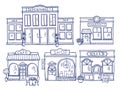 Buildings facade front view. Shop, cafe, mall and pharmacy. Doodle illustrations set