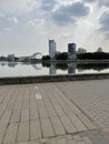 Buildings and features of a district of Minsk on the banks of the lake
