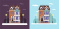 Buildings with flat design. Night and day set of abstract cities.