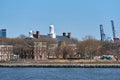 Buildings on Governors Island NYC, including Liggett Hall, a is a former barracks building designed by McKim, Mead & White and Royalty Free Stock Photo