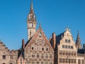 Buildings of the Graslei, quay in the promenade next to river Lys in Ghent, Belgium and St Michael`s Bridge Royalty Free Stock Photo