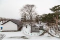 Buildings within Hakodate Japan Fort Goryokaku during winter wit