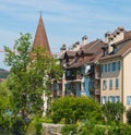Buildings of the historic part of the town of Bremgarten along the Reuss river Royalty Free Stock Photo