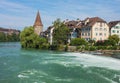 Buildings of the historical part of the town of Bremgarten along the Reuss river in summertime Royalty Free Stock Photo