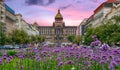 Buildings and houses in the historical center of Prague. Wenceslas Square and the National Museum of the Neorenaissance in Prague