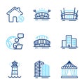 Buildings icons set. Included icon as Sports arena, Arena stadium, Skyscraper buildings signs. Vector