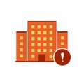 Buildings icons vector with exclamation mark. Urban estate icon and alert, error, alarm, danger symbol