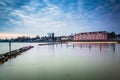 Buildings and jettys along the shore in North Beach, Maryland. Royalty Free Stock Photo