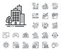 Buildings line icon. City architecture with tree sign. Skyscraper building. Floor plan, stairs and lounge room. Vector Royalty Free Stock Photo