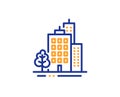 Buildings line icon. City architecture with tree sign. Skyscraper building. Vector