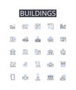 Buildings line icons collection. Houses, Towers, Structures, Edifices, Skyscrapers, Residences, Apartments vector and