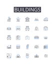 Buildings line icons collection. Houses, Towers, Structures, Edifices, Skyscrapers, Residences, Apartments vector and
