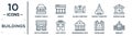 buildings linear icon set. includes thin line chinese temple, islamic cemetery, reserve bank, post office, notre dame, embassy,