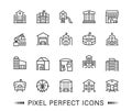 Buildings linear perfect pixel icons. Icon set. Bank and school, hospital and shop icon, gas station