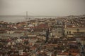 Buildings of Lisbon looking down, 25 de Abril Bridge.
