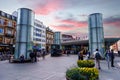 Buildings of Norreport transit station captured against the beautiful sunset sky in Copenhagen