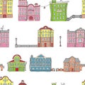 Buildings in the old European town. Colorful. Seamless pattern in doodle and cartoon style.