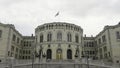 Buildings of the Parliament of Norway. Action.Old white stone building,Storting Monument Royalty Free Stock Photo