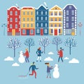 Buildings and playing children winter set