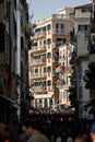 Buildings with red banners in Corfu