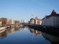 Buildings reflected in a river in Berlin, Germany