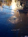 Buildings reflected in water fountain, Cleveland, Ohio